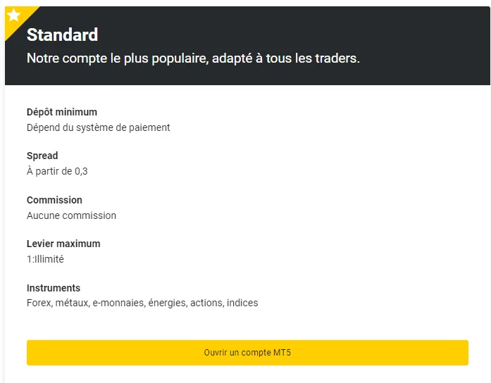 Compte standard Exness